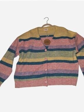 BiBi Pastel Striped V-Neck Button Cardigan